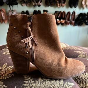 Guess Flores studded tan suede double zip booties